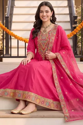 women ethnic motifs embroidered regular thread work kurta with trousers & with dupatta