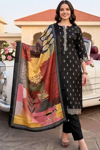 women ethnic motifs printed regular kurta with trousers & with dupatta