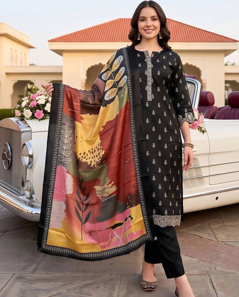 women ethnic motifs printed regular kurta with trousers & with dupatta