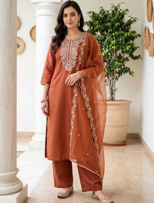 women ethnic motifs embroidered regular thread work liva kurta with trousers & with dupatta 1