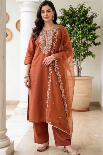 women ethnic motifs embroidered regular thread work liva kurta with trousers & with dupatta