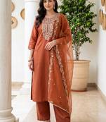 women ethnic motifs embroidered regular thread work liva kurta with trousers & with dupatta