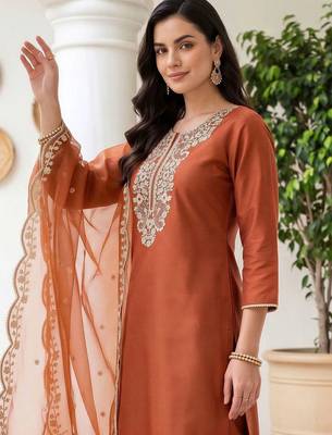women ethnic motifs embroidered regular thread work liva kurta with trousers & with dupatta 2