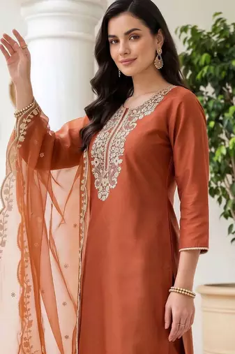 women ethnic motifs embroidered regular thread work liva kurta with trousers & with dupatta
