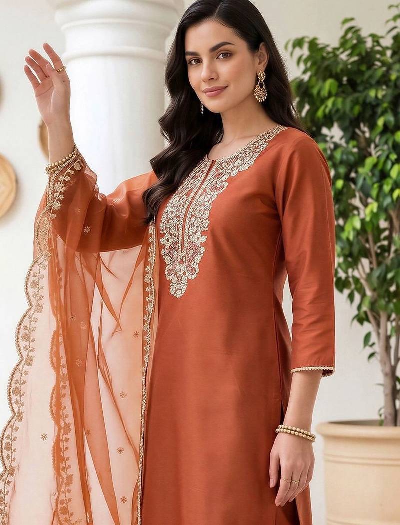 women ethnic motifs embroidered regular thread work liva kurta with trousers & with dupatta