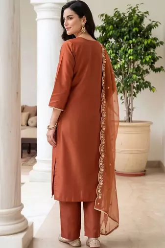 women ethnic motifs embroidered regular thread work liva kurta with trousers & with dupatta