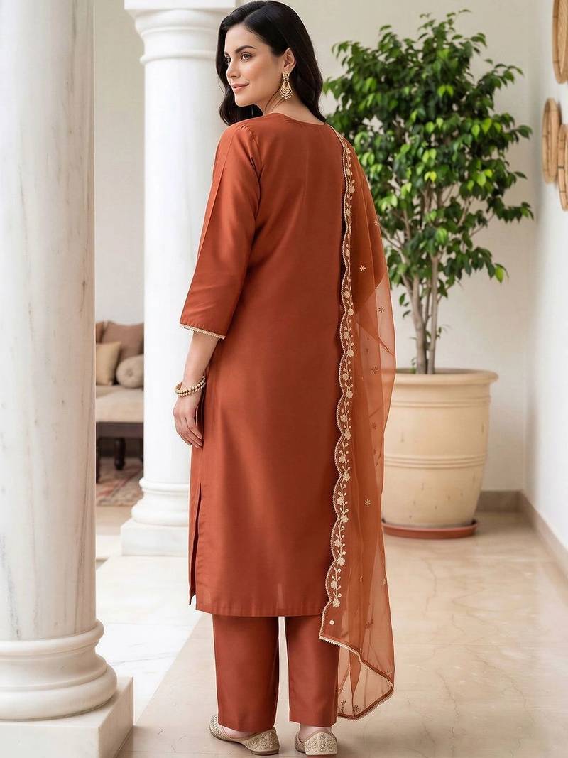 women ethnic motifs embroidered regular thread work liva kurta with trousers & with dupatta
