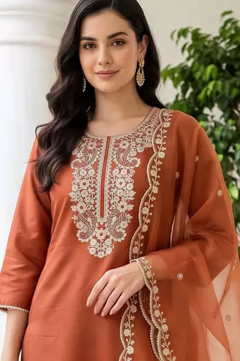 women ethnic motifs embroidered regular thread work liva kurta with trousers & with dupatta