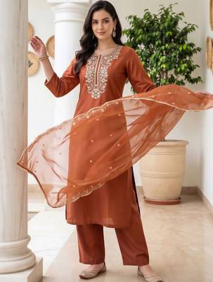 women ethnic motifs embroidered regular thread work liva kurta with trousers & with dupatta 5