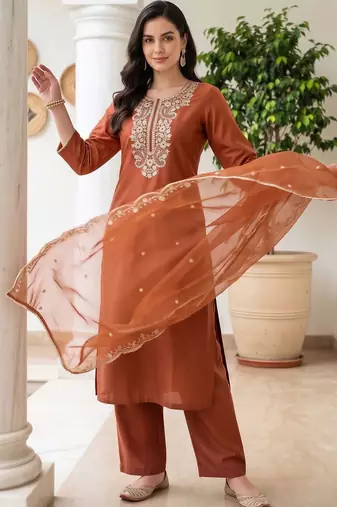 women ethnic motifs embroidered regular thread work liva kurta with trousers & with dupatta