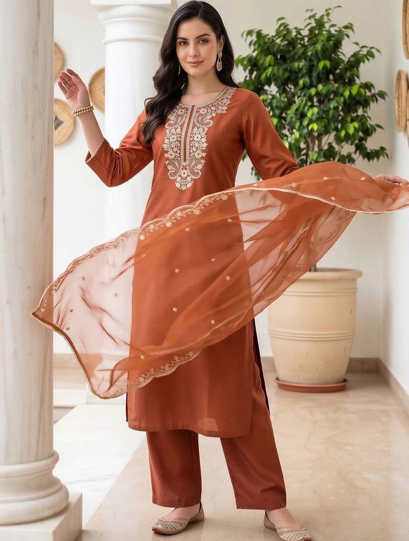 women ethnic motifs embroidered regular thread work liva kurta with trousers & with dupatta