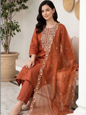 women ethnic motifs embroidered regular thread work liva kurta with trousers & with dupatta 6