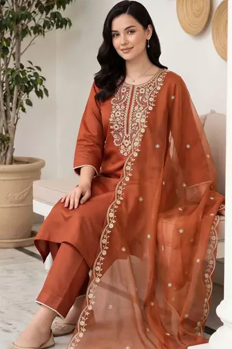 women ethnic motifs embroidered regular thread work liva kurta with trousers & with dupatta