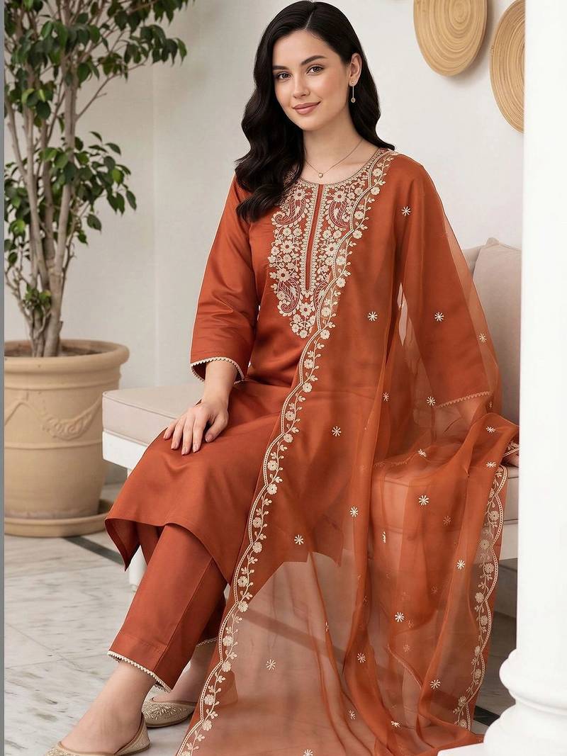 women ethnic motifs embroidered regular thread work liva kurta with trousers & with dupatta