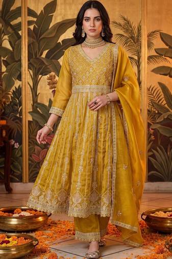 women ethnic motifs embroidered empire kurta with trousers & with dupatta