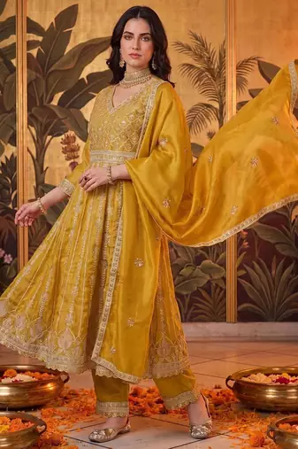 women ethnic motifs embroidered empire kurta with trousers & with dupatta