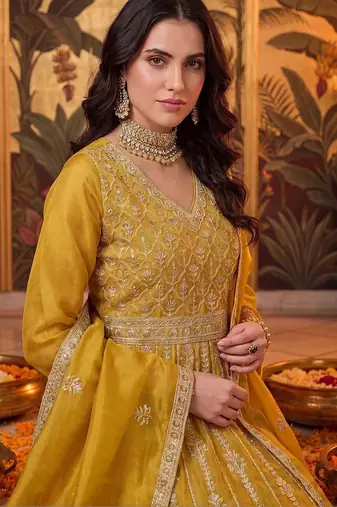 women ethnic motifs embroidered empire kurta with trousers & with dupatta