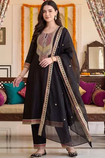 women ethnic motifs embroidered regular kurta with trousers & with dupatta
