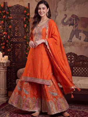 women ethnic motifs embroidered regular kurta with sharara & with dupatta 1