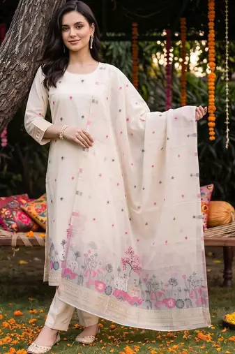 women ethnic motifs embroidered regular thread work kurta with trousers & with dupatta