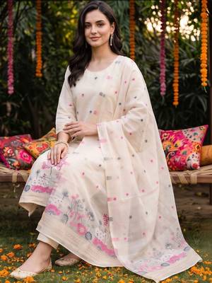 women ethnic motifs embroidered regular thread work kurta with trousers & with dupatta 2