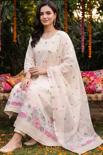 women ethnic motifs embroidered regular thread work kurta with trousers & with dupatta