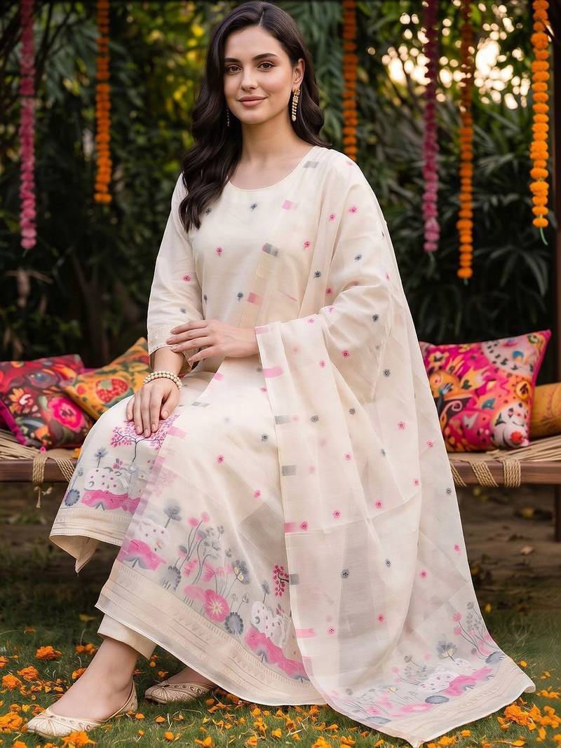 women ethnic motifs embroidered regular thread work kurta with trousers & with dupatta