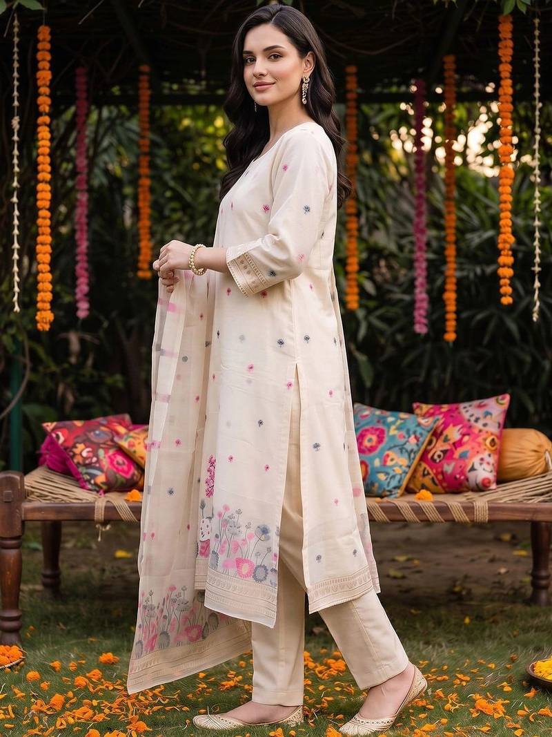 women ethnic motifs embroidered regular thread work kurta with trousers & with dupatta