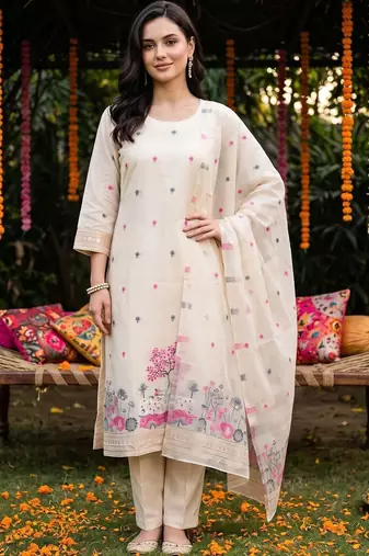 women ethnic motifs embroidered regular thread work kurta with trousers & with dupatta