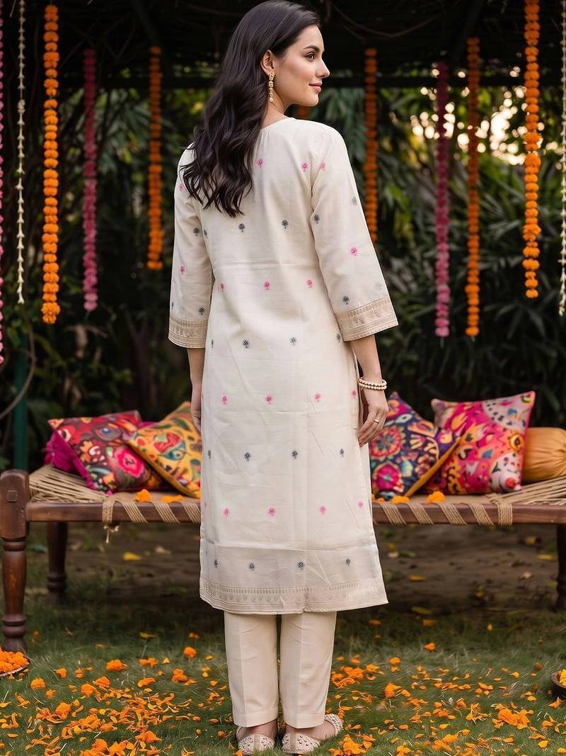women ethnic motifs embroidered regular thread work kurta with trousers & with dupatta