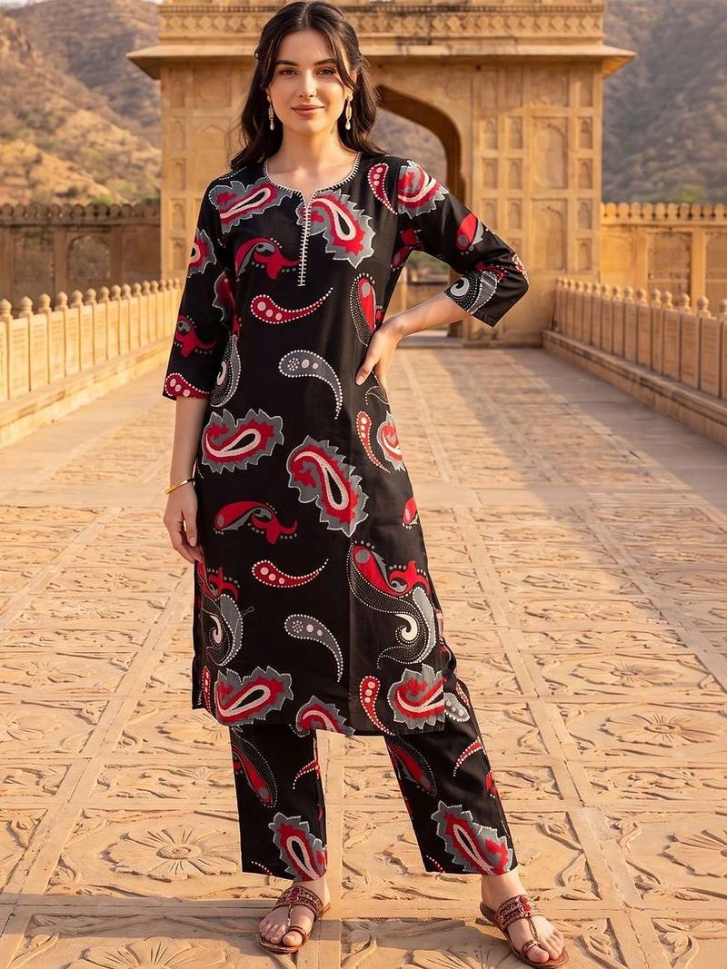 women paisley printed regular cotton kurta with trousers