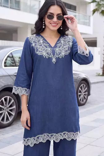 women ethnic motifs embroidered regular thread work linen kurta with palazzos