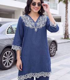 women ethnic motifs embroidered regular thread work linen kurta with palazzos