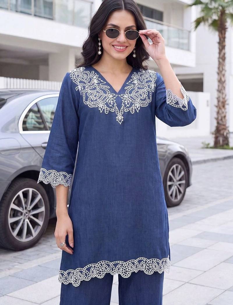 women ethnic motifs embroidered regular thread work linen kurta with palazzos