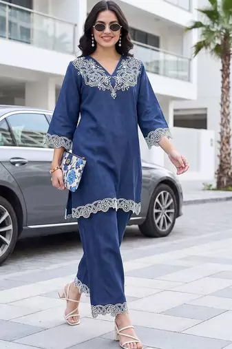women ethnic motifs embroidered regular thread work linen kurta with palazzos