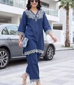 women ethnic motifs embroidered regular thread work linen kurta with palazzos