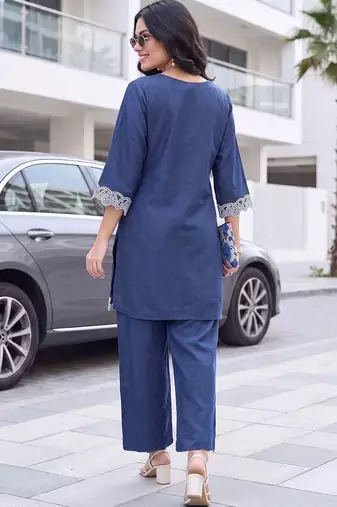 women ethnic motifs embroidered regular thread work linen kurta with palazzos