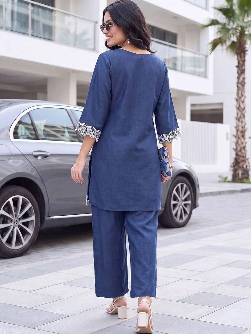 women ethnic motifs embroidered regular thread work linen kurta with palazzos