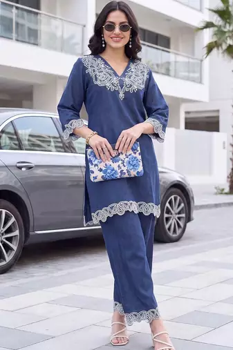 women ethnic motifs embroidered regular thread work linen kurta with palazzos