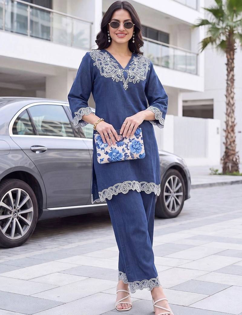 women ethnic motifs embroidered regular thread work linen kurta with palazzos