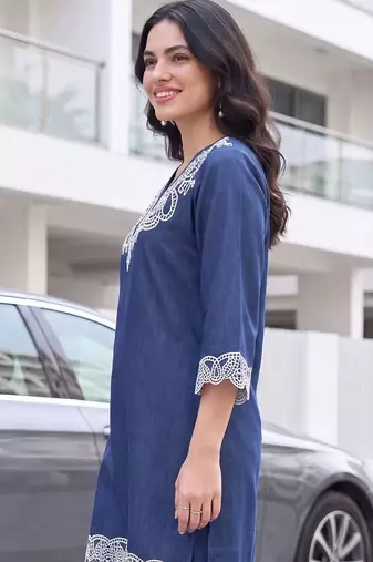 women ethnic motifs embroidered regular thread work linen kurta with palazzos