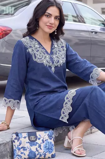women ethnic motifs embroidered regular thread work linen kurta with palazzos