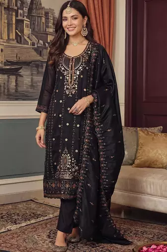 women ethnic motifs embroidered regular sequinned kurta with trousers & with dupatta