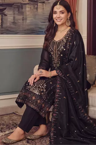 women ethnic motifs embroidered regular sequinned kurta with trousers & with dupatta