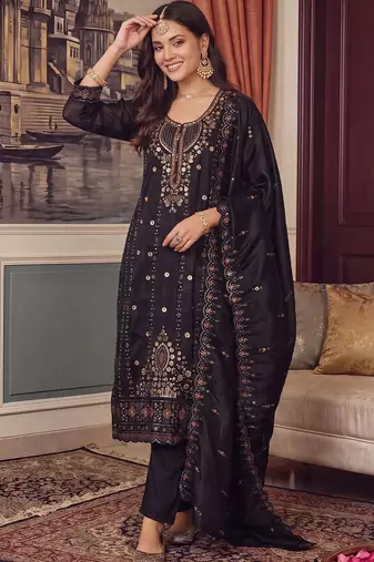 women ethnic motifs embroidered regular sequinned kurta with trousers & with dupatta