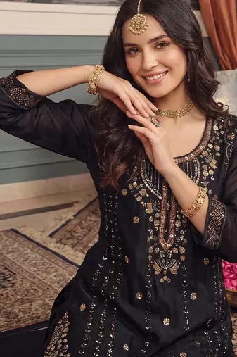 women ethnic motifs embroidered regular sequinned kurta with trousers & with dupatta