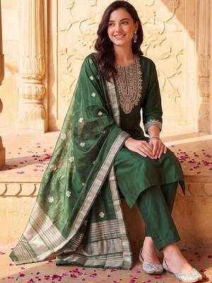women ethnic motifs embroidered regular thread work liva kurta with trousers & with dupatta 1