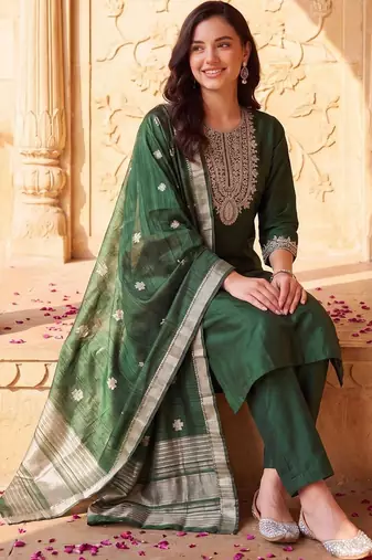 women ethnic motifs embroidered regular thread work liva kurta with trousers & with dupatta