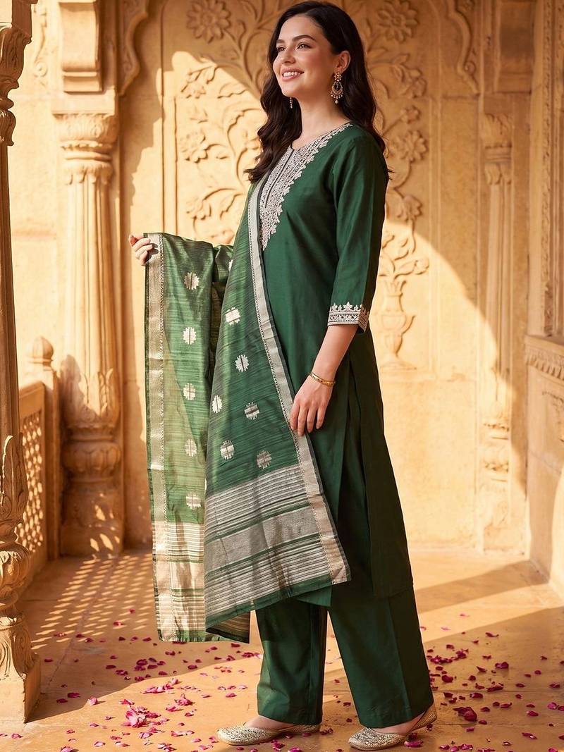 women ethnic motifs embroidered regular thread work liva kurta with trousers & with dupatta