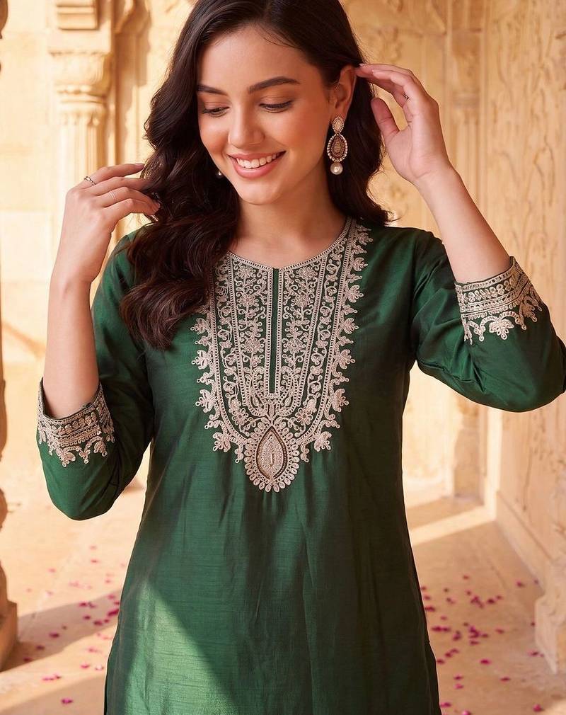 women ethnic motifs embroidered regular thread work liva kurta with trousers & with dupatta